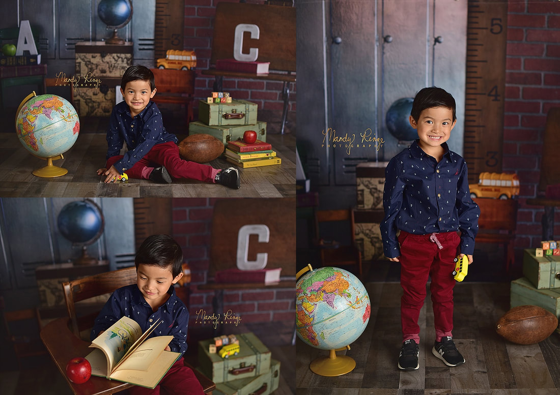 Back to school mini sessions // Kate backdrop, vintage desk, books, globes // St. Charles, IL // by Mandy Ringe Photography