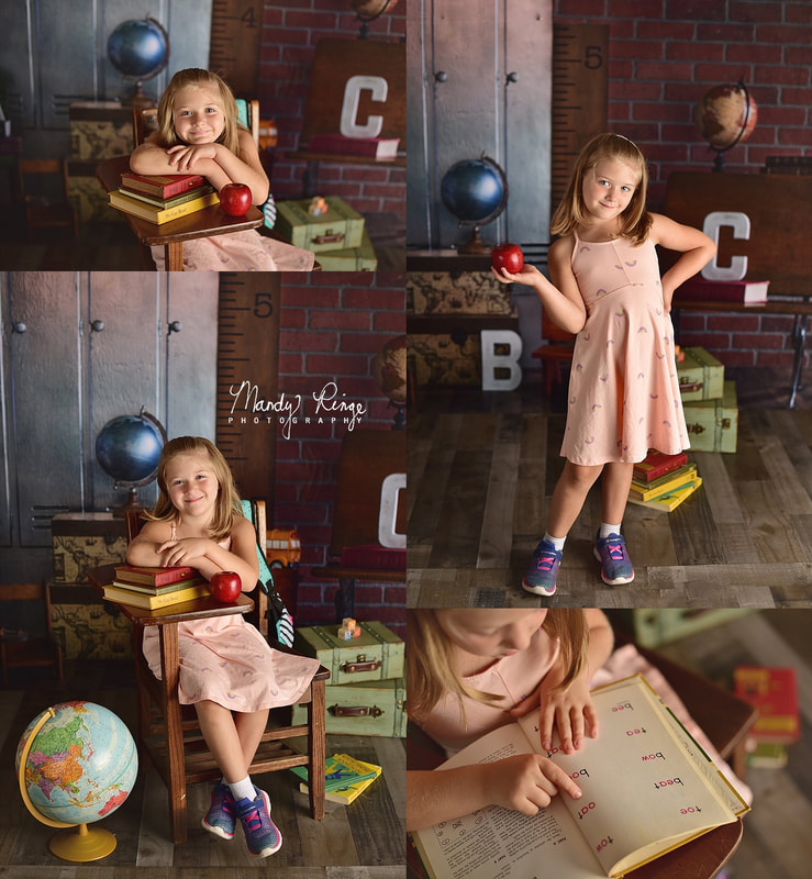 Back to school mini sessions // Kate backdrop, vintage desk, books, globes // St. Charles, IL // by Mandy Ringe Photography
