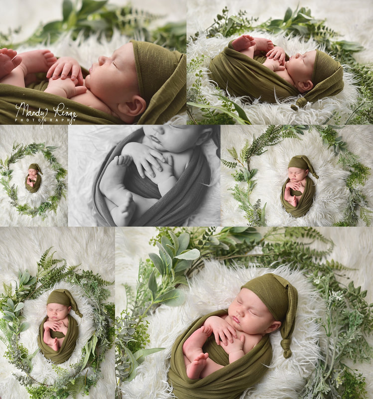 Newborn portrait session // Baby boy, greenery wreath, olive green // St. Charles, IL Photographer // by Mandy Ringe Photography