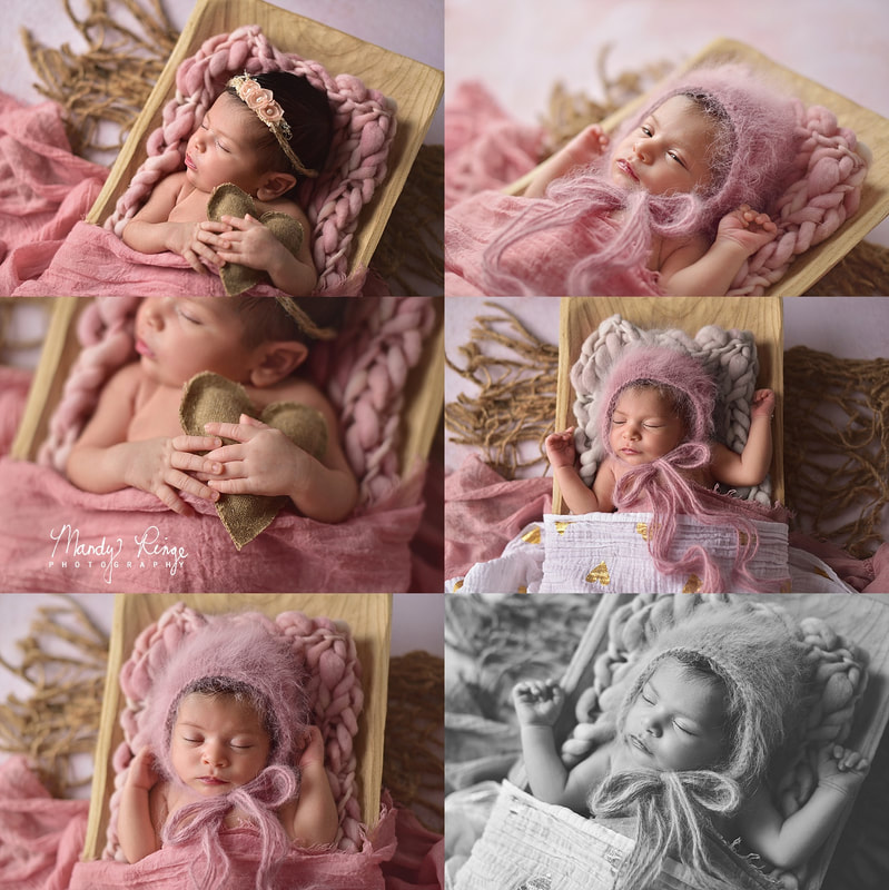 Newborn girl portraits // wooden rectangle bowl, dusty pink, burlap heart, merino bonnet // St. Charles, IL Photographer // by Mandy Ringe Photography