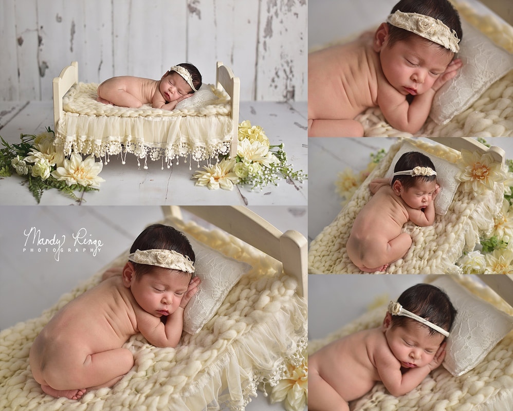 Newborn girl portraits // wooden bed, ivory, nude, bum up, flowers, floral, neutral // St. Charles, IL Photographer // by Mandy Ringe Photography