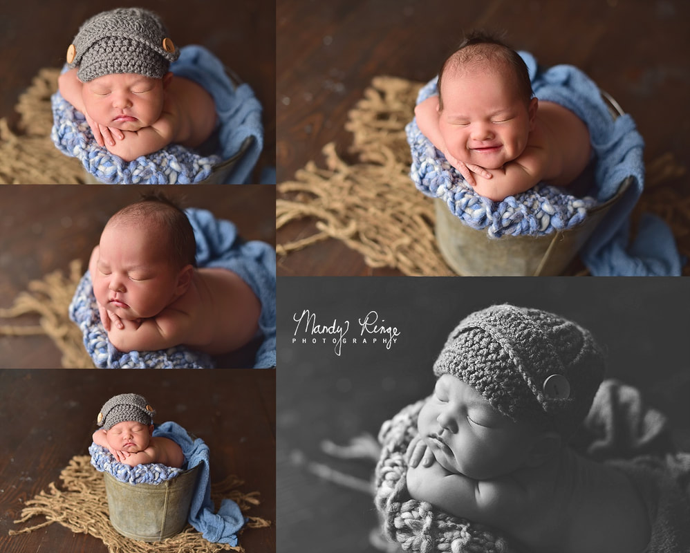 Baby boy newborn portraits // studio, blue and gray, bucket pose, burlap, dark brown wood // St. Charles, IL // by Mandy Ringe Photography