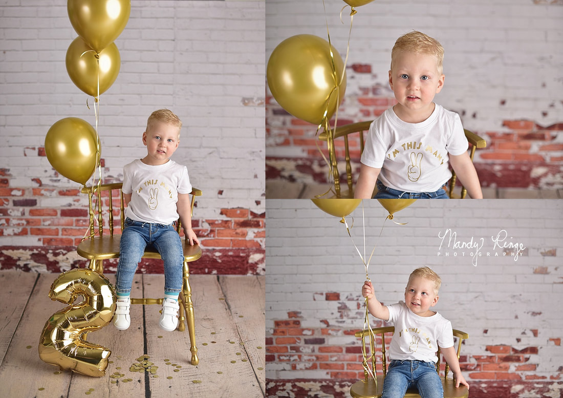 2 year old boy // Milestone portraits // brick wall, shabby, golden birthday, step ladder, balloons // by Mandy Ringe Photography // St. Charle, IL Photographer
