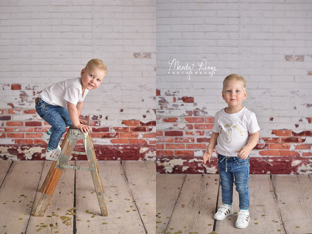2 year old boy // Milestone portraits // brick wall, shabby, golden birthday, step ladder, balloons // by Mandy Ringe Photography // St. Charle, IL Photographer