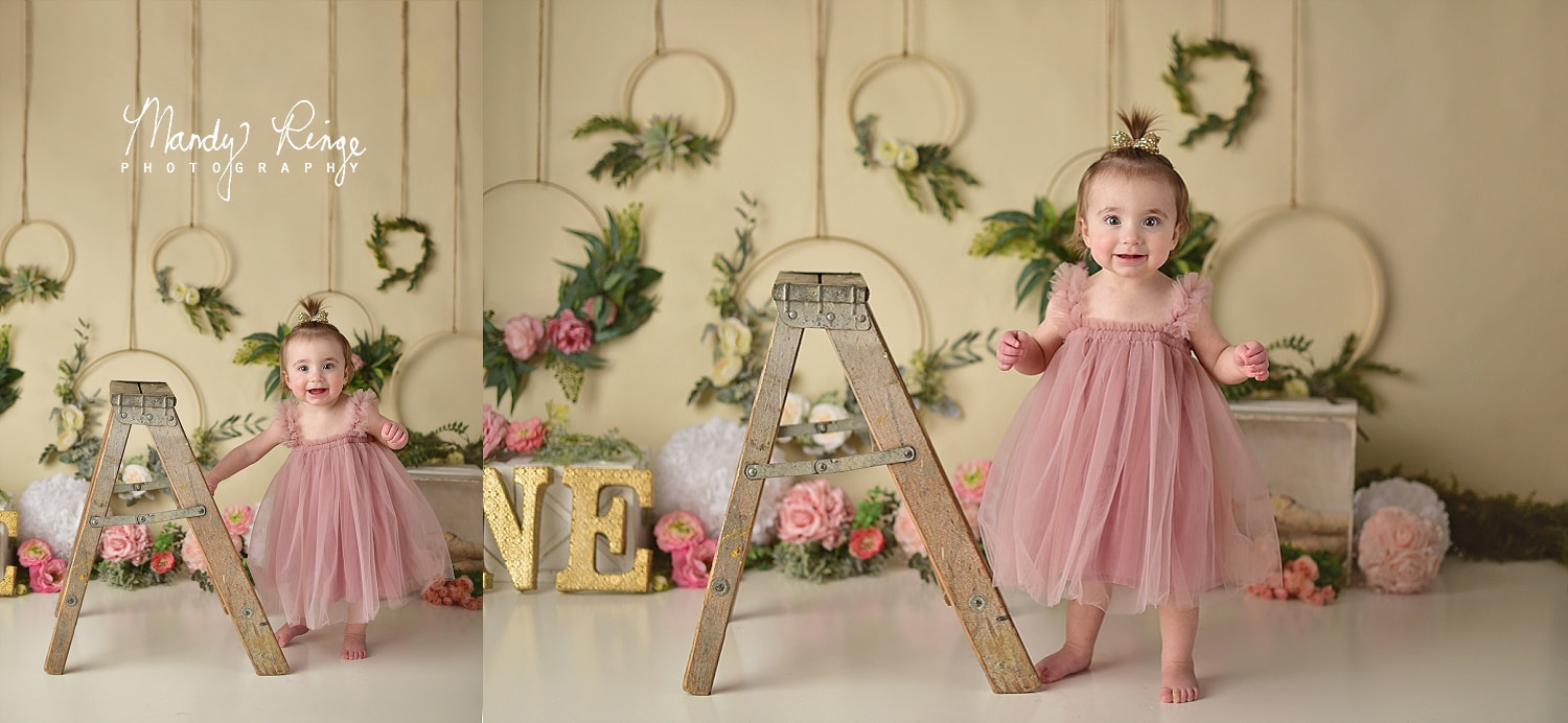 Girl first birthday portraits // floral hoops, boho, flowers, pink and gold // St. Charles, IL // by Mandy Ringe Photography