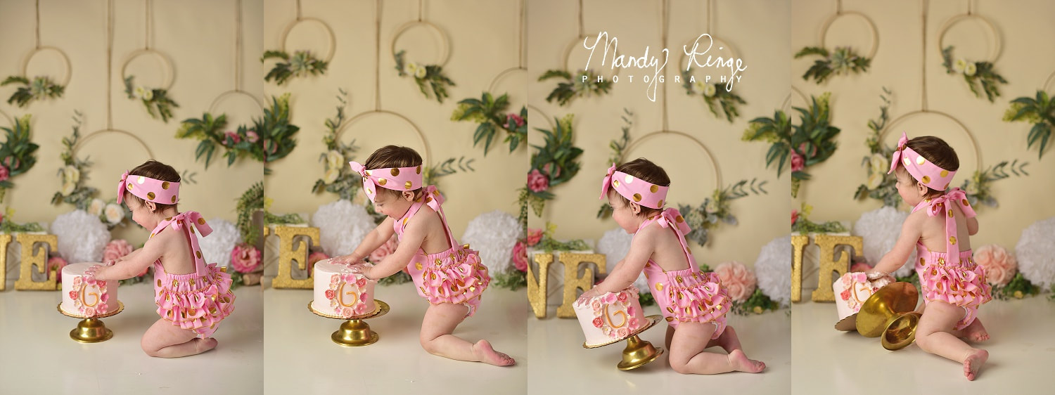 Girl first birthday portraits // one year old, cake smash, floral hoops, boho, flowers, pink and gold // St. Charles, IL // by Mandy Ringe Photography