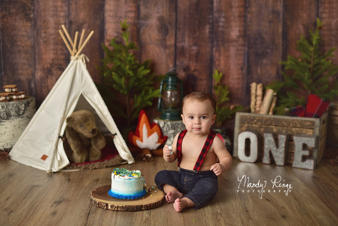 Lumberjack first birthday cake smash // backdrop from Intuitions by Becky Gregory, buffalo plaid, Vale, lantern, pine trees, rustic, woods, woodland, birch, logs // studio session by Mandy Ringe Photography, St. Charles, IL Photographer