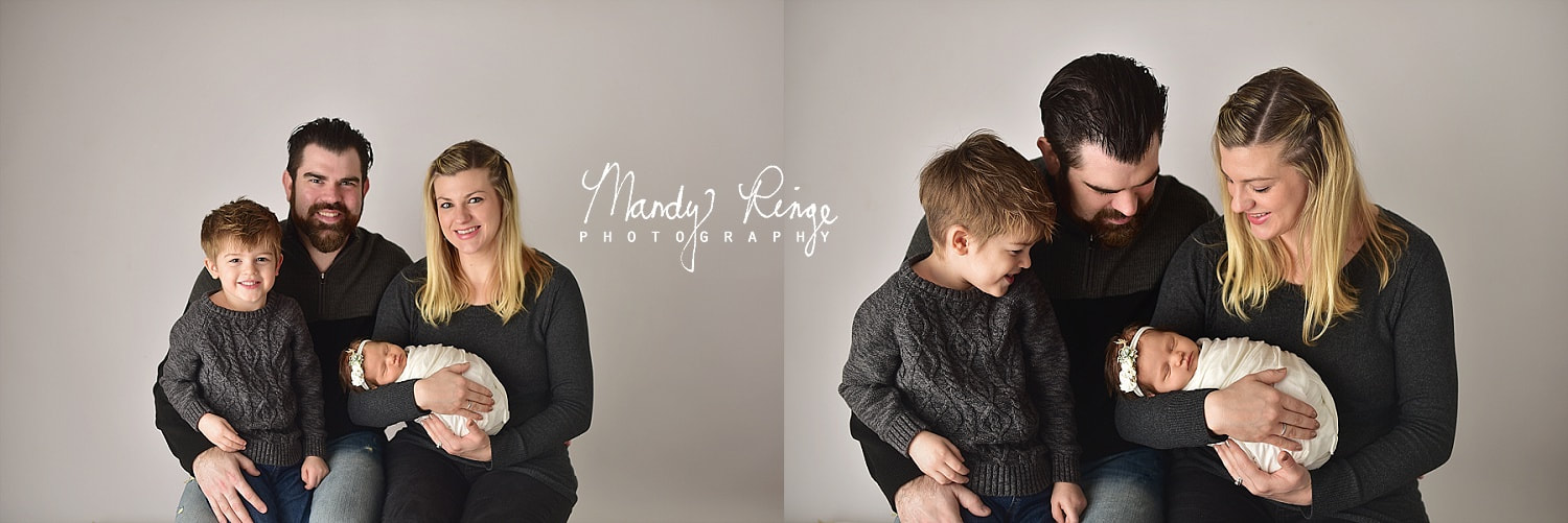 Newborn family portraits // plain white background, white, gray, black // Sycamore, IL Studio // Mandy Ringe Photography