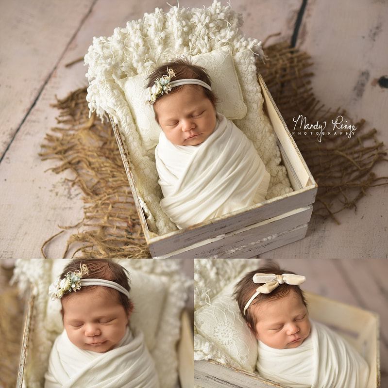Newborn girl portraits // Rustic ivory, white, burlap, wrapped // Sycamore, IL Studio // Mandy Ringe Photography