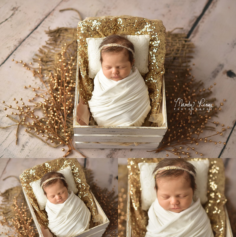 Newborn girl portraits // Rustic ivory, white, gold, glitter, burlap, wrapped // Sycamore, IL Studio // Mandy Ringe Photography