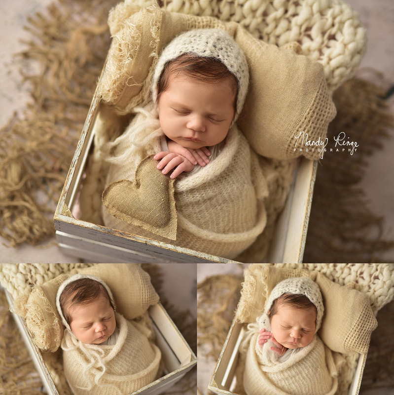 Newborn girl portraits // Rustic ivory, tan, burlap, wrapped // Sycamore, IL Studio // Mandy Ringe Photography