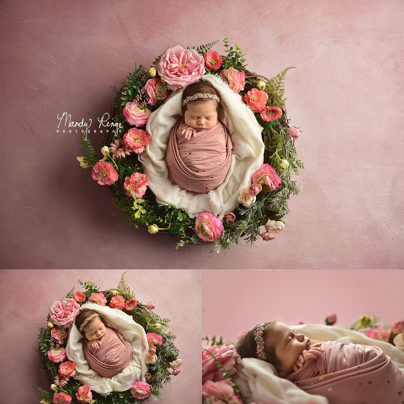 Newborn girl portraits // Rustic greenery, pink flowers, wreath, dusty pink, rose, wrapped // Sycamore, IL Studio // Mandy Ringe Photography