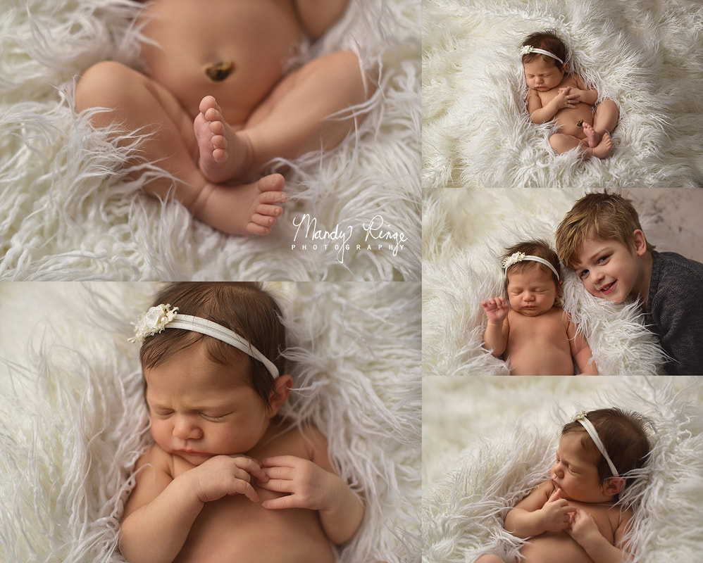 Newborn girl sibling portraits // plain white fur, nude // Sycamore, IL Studio // Mandy Ringe Photography