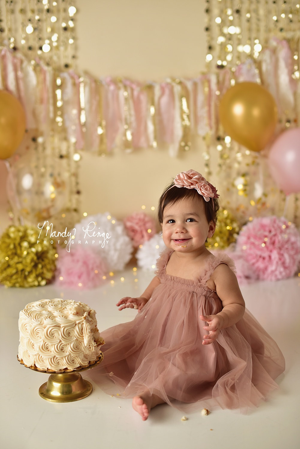 First birthday portraits, cake smash session // Pink and gold theme, sparkle, glitter // Mandy Ringe Photography // Sycamore, IL Photographer