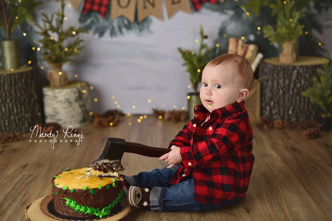 First birthday milestone portraits // Lumberjack theme, Vale backdrop from Intuition Backgrounds // Mandy Ringe Photography // Sycamore, IL Photographer