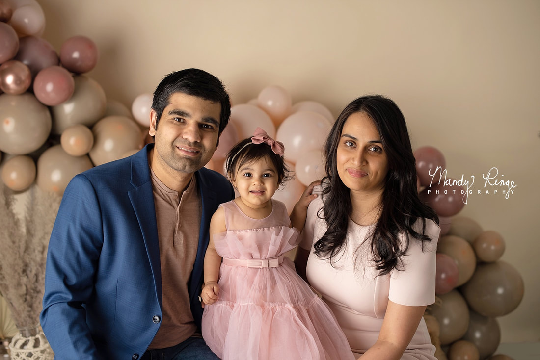 First birthday milestone session // family portrait, boho balloons, neutral, dusty pink // Mandy Ringe Photography // Sycamore, IL Studio Photographer