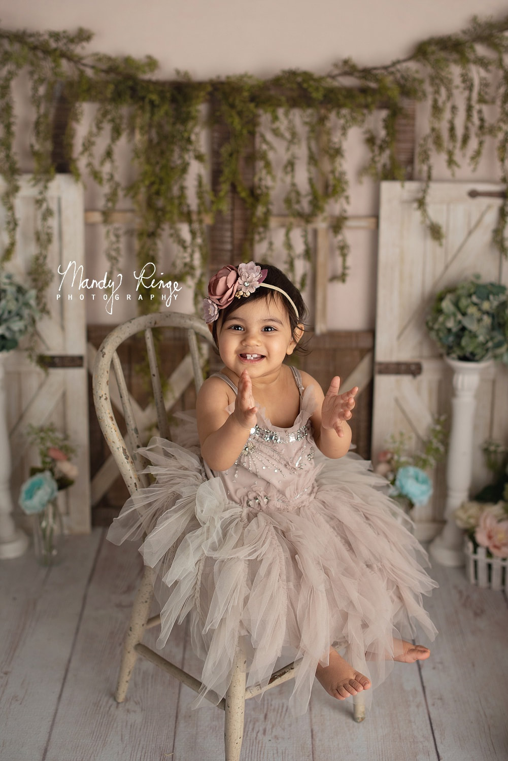 First birthday milestone session // boho, neutral, dusty pink, greenery, spring colors // Mandy Ringe Photography // Sycamore, IL Studio Photographer