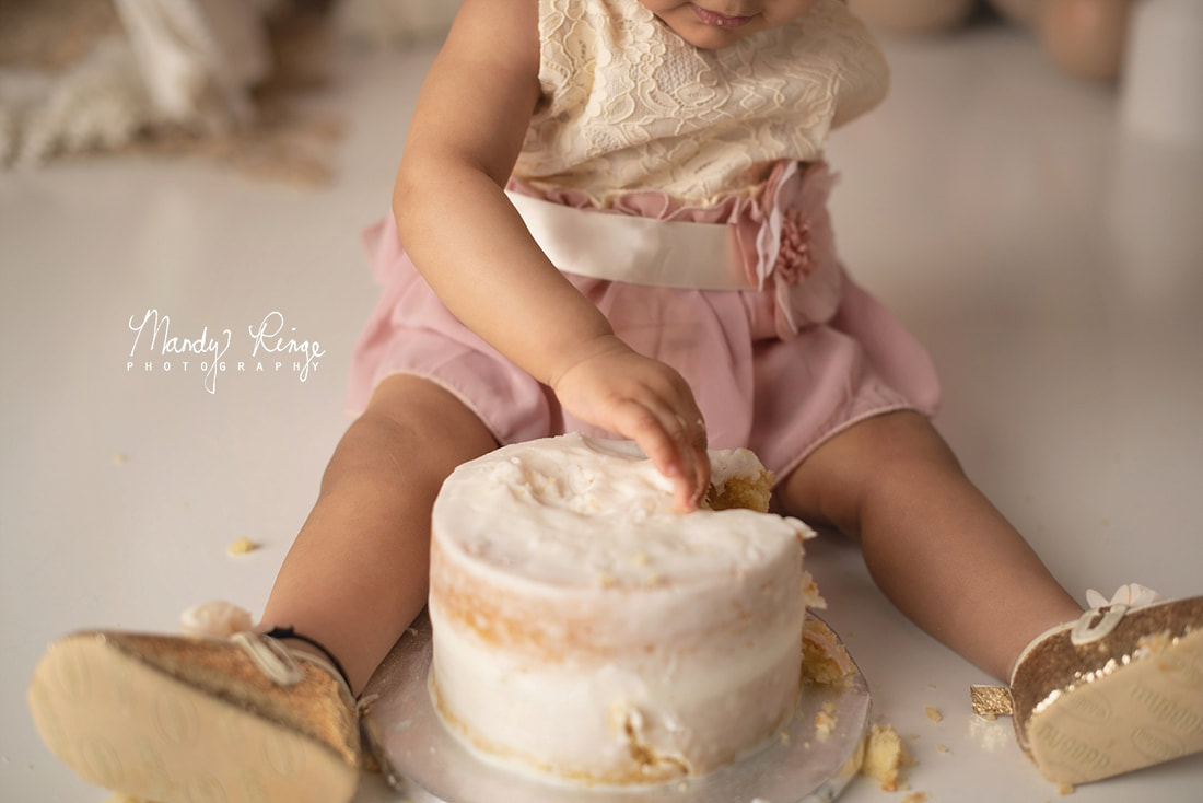 First birthday milestone session, cake smash // teepee, boho balloons, neutral, dusty pink // Mandy Ringe Photography // Sycamore, IL Studio Photographer