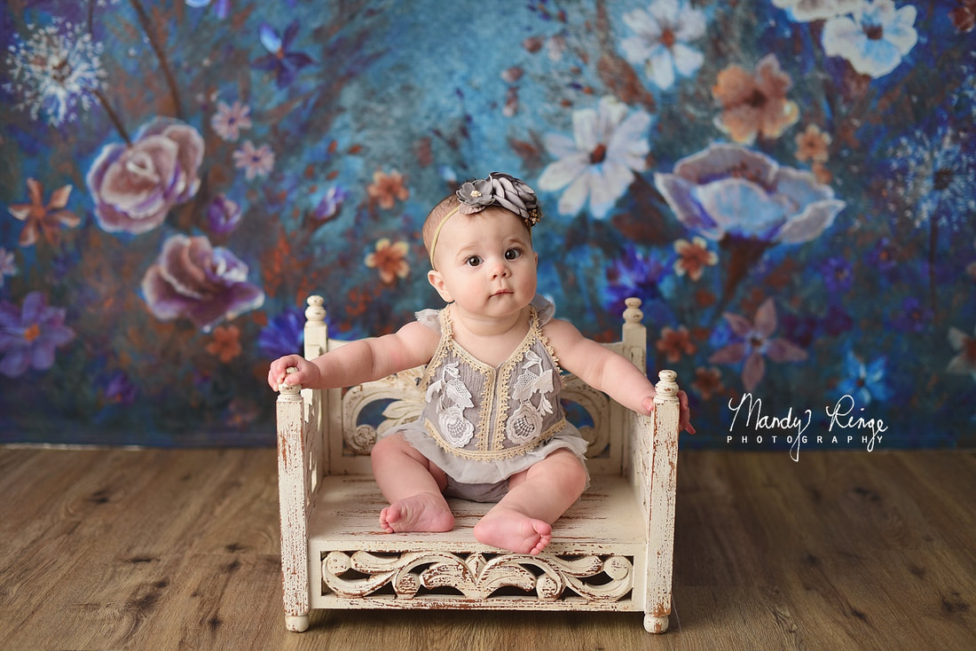 6 month milestone session // baby girl, blue floral backdrop, Cora & Violet Anwen outfit // Sycamore, IL studio photographer // Mandy Ringe Photography