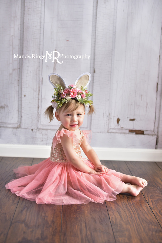 Toddler girl's second birthday portraits // pink and gold angel sleeve dress, gold sequins, one of a kind Easter bunny ears headpiece, floral headpiece, two years old // client home - traveling studio // by Mandy Ringe Photography