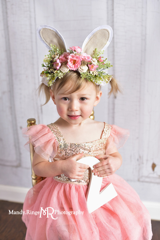 Toddler girl's second birthday portraits // pink and gold angel sleeve dress, gold sequins, one of a kind Easter bunny ears headpiece, floral headpiece, two years old // client home - traveling studio // by Mandy Ringe Photography