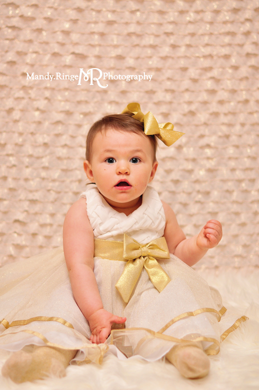 Baby girl's first birthday portraits // Blush and gold, ruffle fabric, white fur // St Charles, IL // by Mandy Ringe Photography