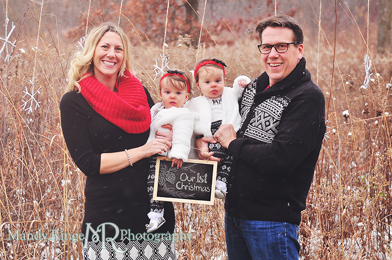 Outdoor winter family photo // Prairie background, twig snowflakes, rustic setting, chalkboard // Ferson Creek Fen - St Charles, IL // by Mandy Ringe Photography