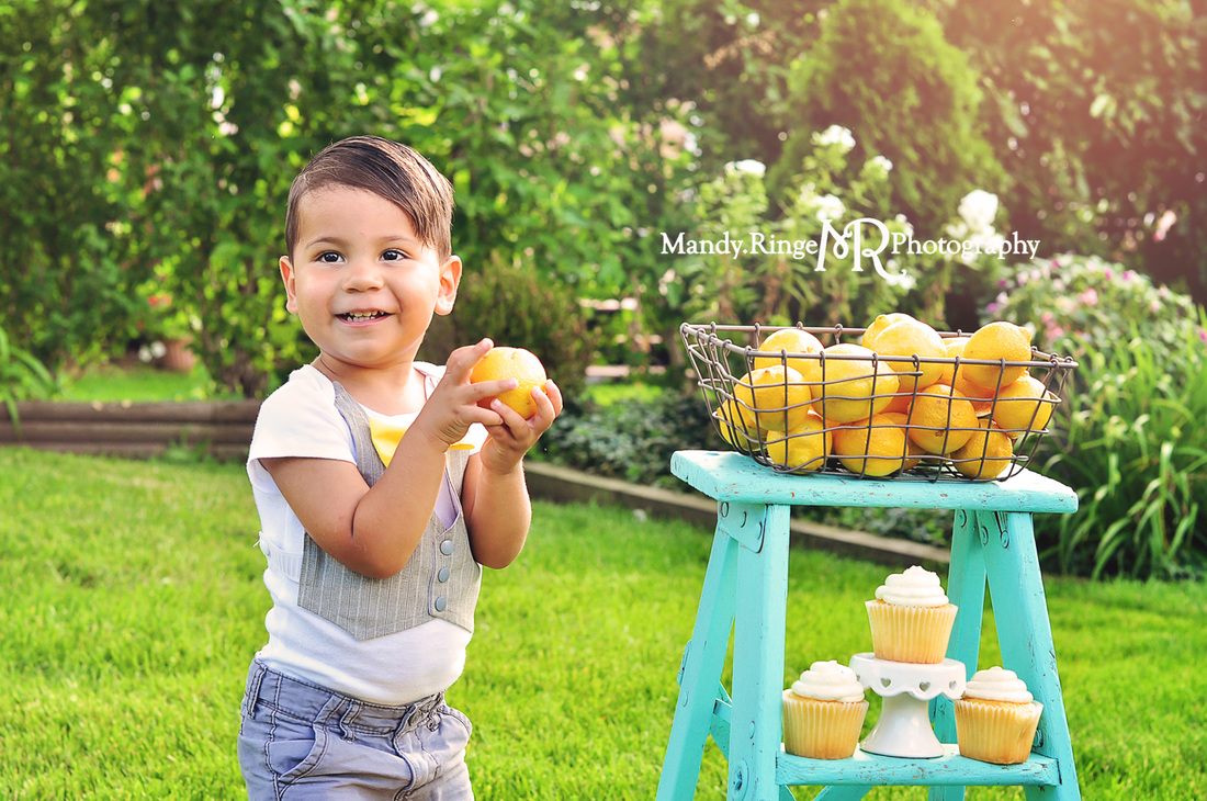 Lemonade stand styled mini session // wooden stand, lemons, yellow, teal, chalkboard, scale, rag garland, sweets // St. Charles, IL // by Mandy Ringe Photography