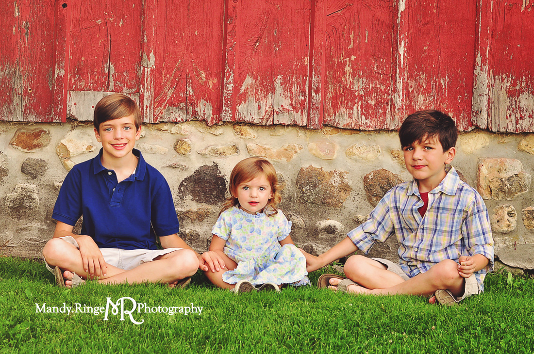 Sibling portraits // Chippy red wood and stone barn // Leroy Oakes Forest Preserve - St. Charles, IL // by Mandy Ringe Photography
