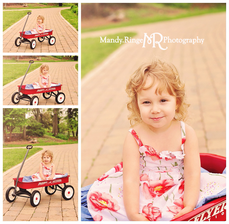 Sisters - sibling portraits // Spring session, Radio Flyer wagon on a brick path // Mt. St. Mary's Park - St. Charles, IL // by Mandy Ringe Photography