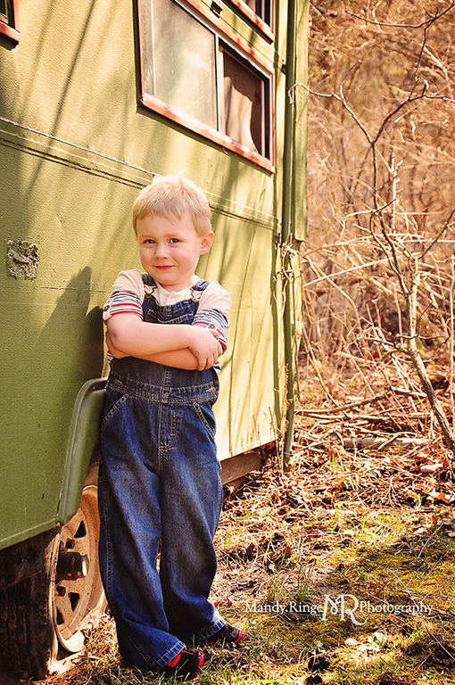 Cousins photo shoot // Boys, rustic green trailer and woods, overalls // Camden, OH // by Mandy Ringe Photography