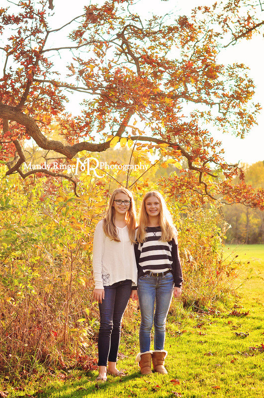 Sisters - fall sibling portraits // teen girls, autumn, fall foliage, leaves, outdoors // Delnor Woods Park - St. Charles, IL // by Mandy Ringe Photography