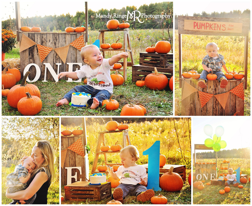Pumpkin Stand styled mini session // Outdoors with a prairie backdrop, a wooden pumpkin stand, real pumpkins, mums, baskets, a ladder, and a mini wheelbarrow, first birthday, cake smash, one year old // Leroy Oakes Forest Preserve - St Charles, IL // by Mandy Ringe Photography
