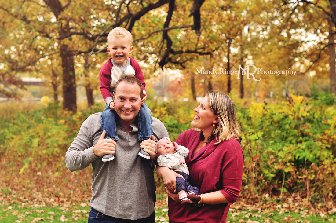 Fall family mini session // Fall foliage, family of four, new baby // Fabyan Forest Preserve - Geneva, IL // by Mandy Ringe Photography