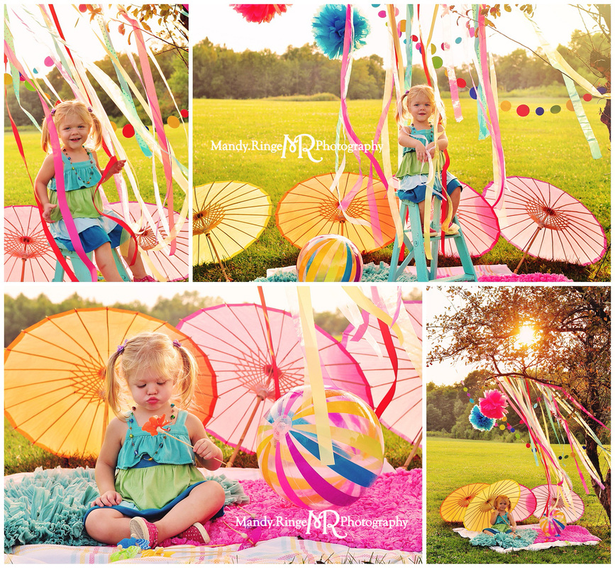 Summer Celebration styled mini session event // colorful, rainbow, paper parasols, rag rugs, beach ball, tissue poms, ribbons, tree, pinwheels // Leroy Oakes Forest Preserve - St. Charles, IL // by Mandy Ringe Photography