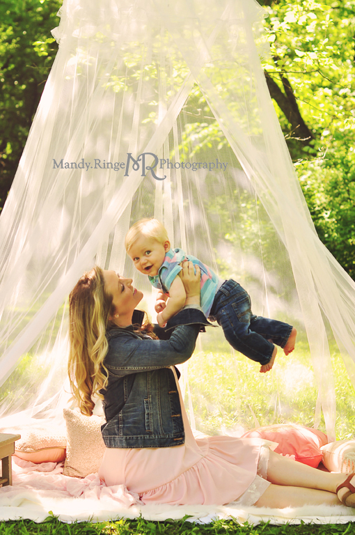 Mommy and Me styled mini session // hoop canopy, pillows, pink, gold, gray // St Charles, IL - by Mandy Ringe Photography