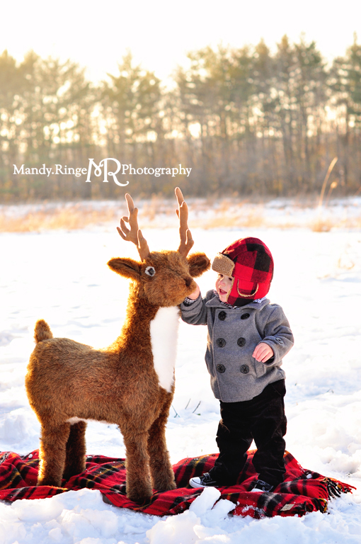 Hot cocoa stand styled mini session // stuffed deer, snow, pine trees // Leroy Oakes - St Charles, IL // by Mandy Ringe Photography