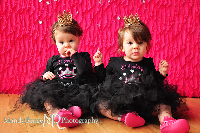 Twin girl's first birthday portraits // Pink and black, tutus, gold lace crowns, pink cowboy boots, pink ruffle backdrop, rhinestones // by Mandy Ringe Photography