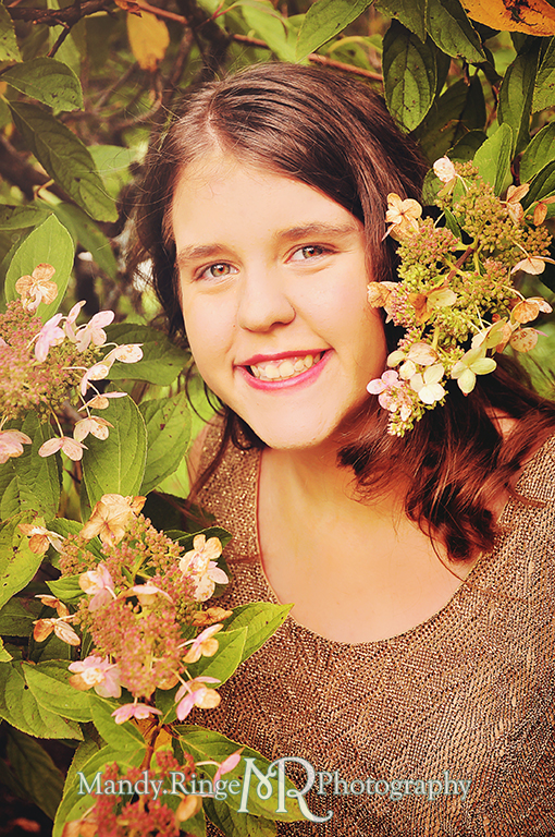 Teen girl portrait - Sweet Sixteen // Posing with hydrangea bush // Fabyan Forest Preserve // by Mandy Ringe Photography