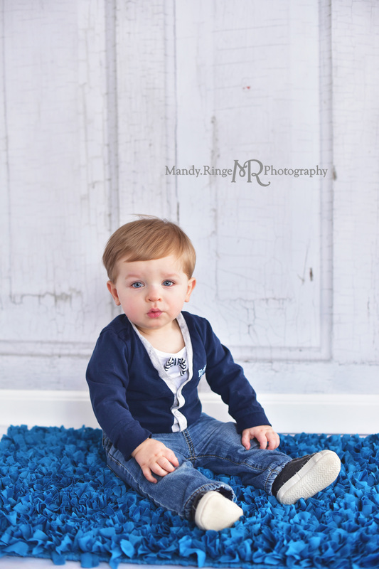 Boy's first birthday portraits // Navy blue and white, bow tie, Little Gentleman theme, mustaches // Traveling studio session at client's home - South Elgin, IL // by Mandy Ringe Photography
