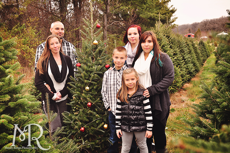 Family Christmas Portrait // Christmas Tree Farm // with red and gold decorated tree // by Mandy Ringe Photography
