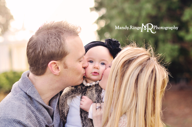 9 month milestone portraits, kisses from mommy and daddy // Outdoors, fur vest // Hurley Gardens - Wheaton, IL // by Mandy Ringe Photography