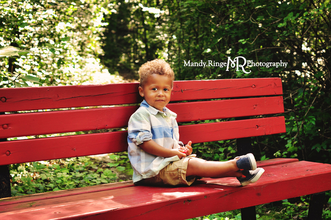 Second birthday portraits // outdoors, red bench // Delnor Woods Park - St. Charles, IL // by Mandy Ringe Photography