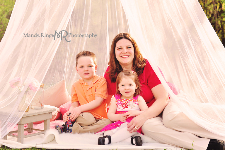Mommy and me styled mini session portraits // Hoop canopy, trees, pink, gold, gray, pillows, flowers // St. Charles, IL // Mandy Ringe Photography