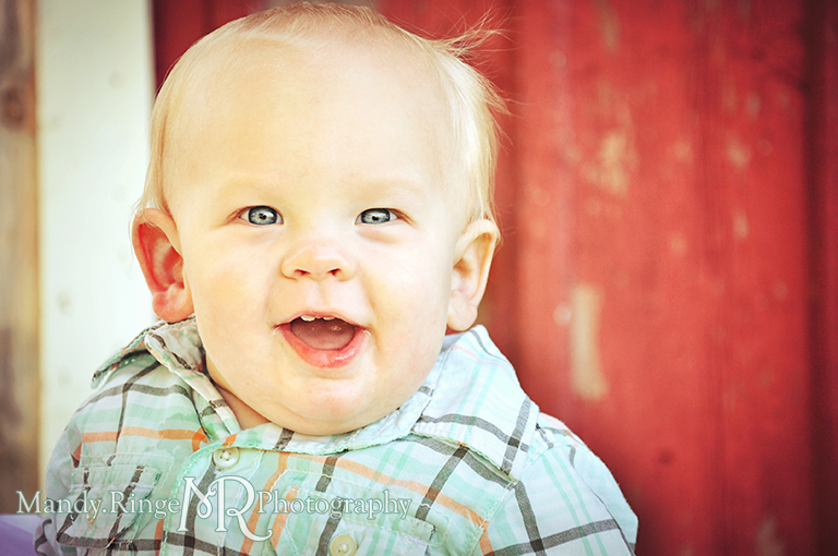 Baby boy portrait in front of a red barn // Leroy Oaks // St Charles, IL // by Mandy Ringe Photography