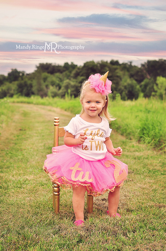 Second birthday portraits // Pink and gold, tutu with 2s, custom shirt, party hat, gold chair, sunset session // Dick Young Forest Preserve - Batavia, IL // by Mandy Ringe Photography