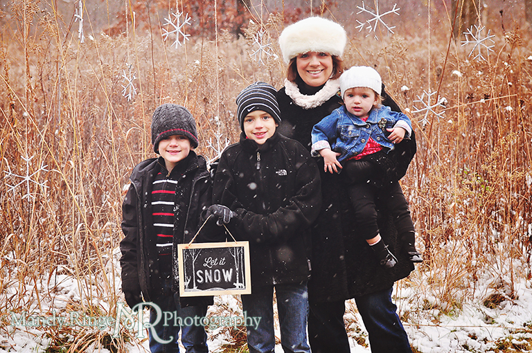 Outdoor winter family photo // Prairie background, twig snowflakes, rustic setting, chalkboard // Ferson Creek Fen - St Charles, IL // by Mandy Ringe Photography