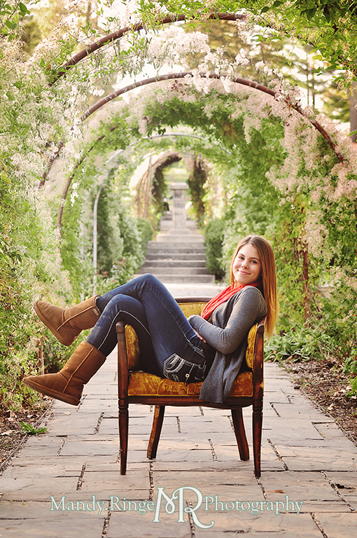 Autumn family portraits - sitting in an antque chair under the rose arbor // Fabyan Forest Preserve - Batavia, IL // by Mandy Ringe Photography