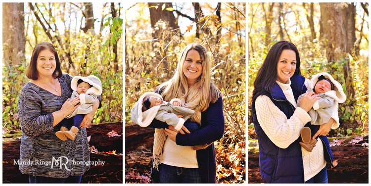 Fall extended family portraits // fall trees, leaves, sitting on a log // Delnor Woods Park - St. Charles, IL // by Mandy Ringe Photography
