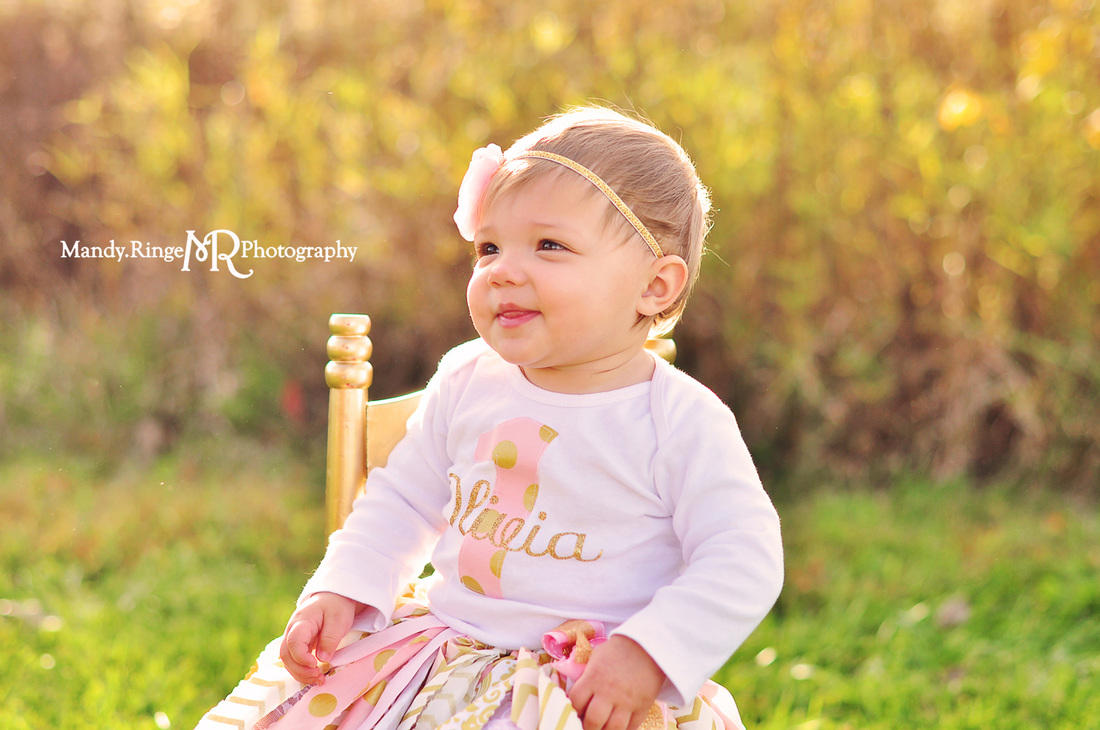 First birthday portraits // girl, pink and gold, rag skirt, gold chair, outdoors, prairie // Leroy Oakes Forest Preserve - St. Charles IL // by Mandy Ringe Photography
